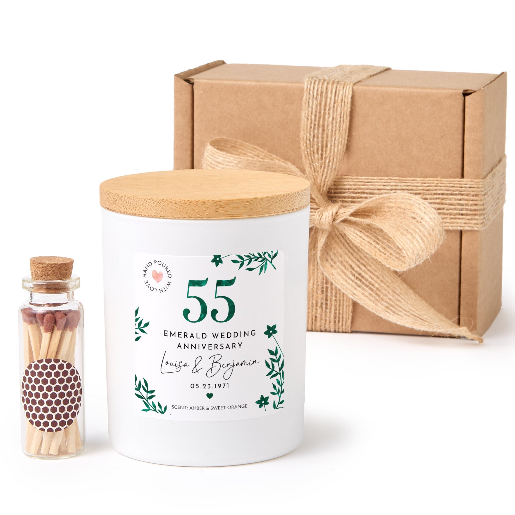 55th Emerald Wedding Anniversary Candle | Personalized Custom Couple Gift with Gift Box & Matches | Anniversary Keepsake Candle