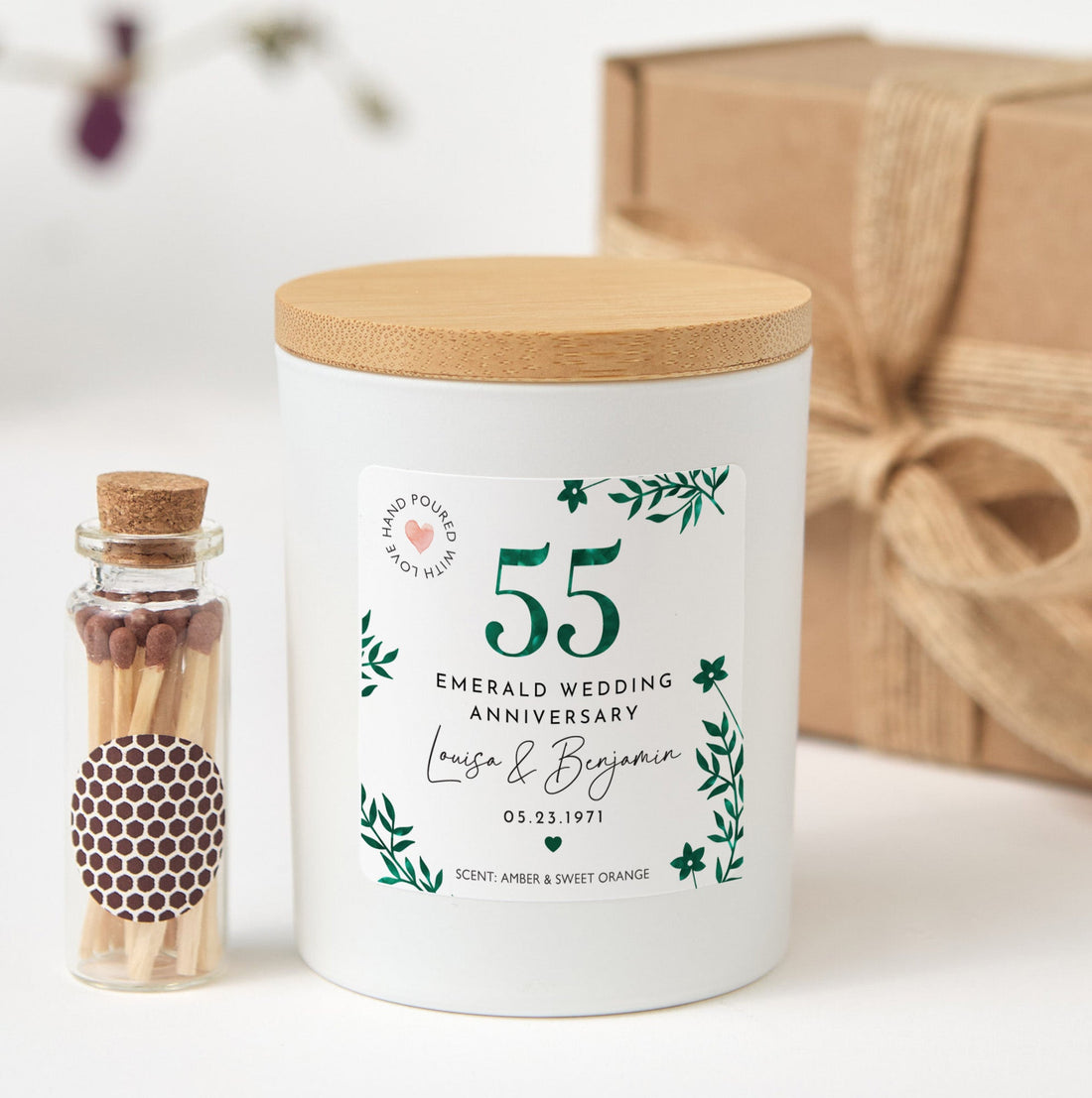 55th Emerald Wedding Anniversary Candle | Personalized Custom Couple Gift with Gift Box & Matches | Anniversary Keepsake Candle