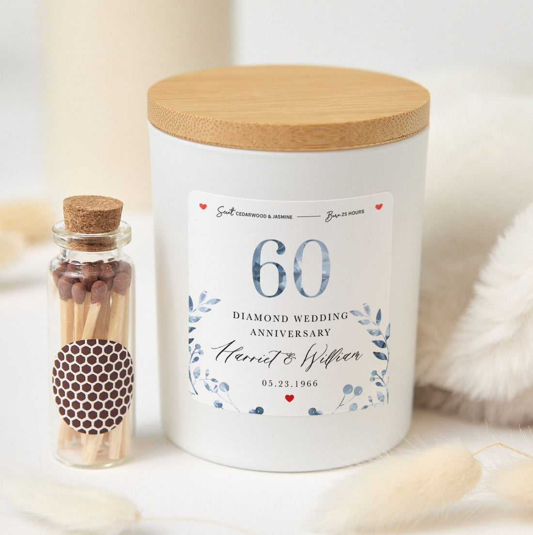 60th Diamond Wedding Anniversary Candle | Custom Couple Gift with Gift Box & Matches | Personalized Wedding Keepsake Candle