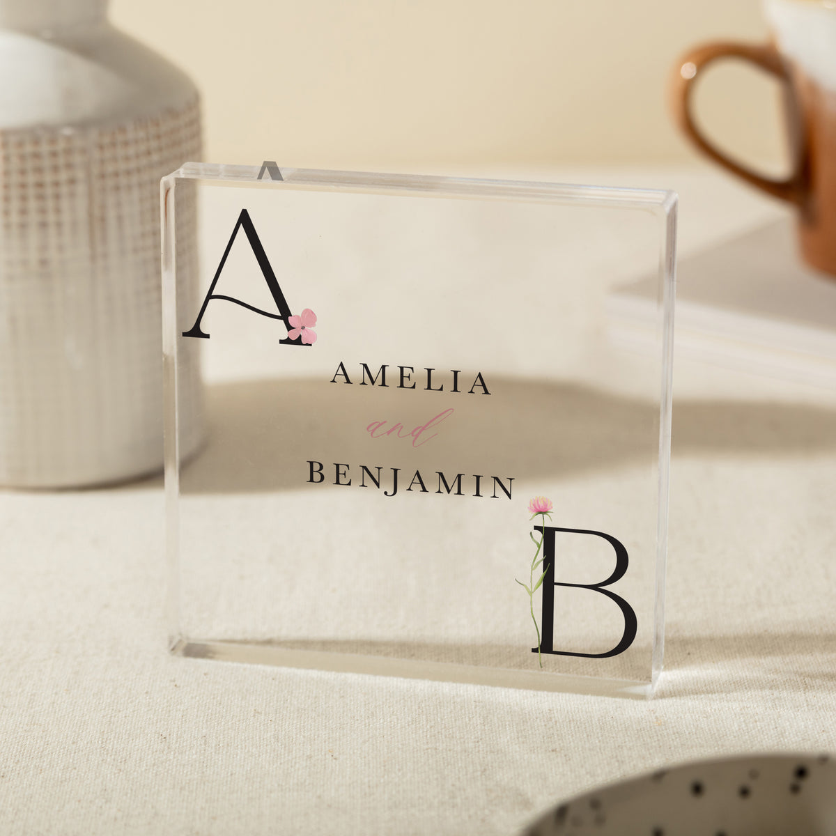 Personalized Couples Acrylic Plaque, Custom Initials and Names Keepsake, Floral Engagement or Wedding Gift