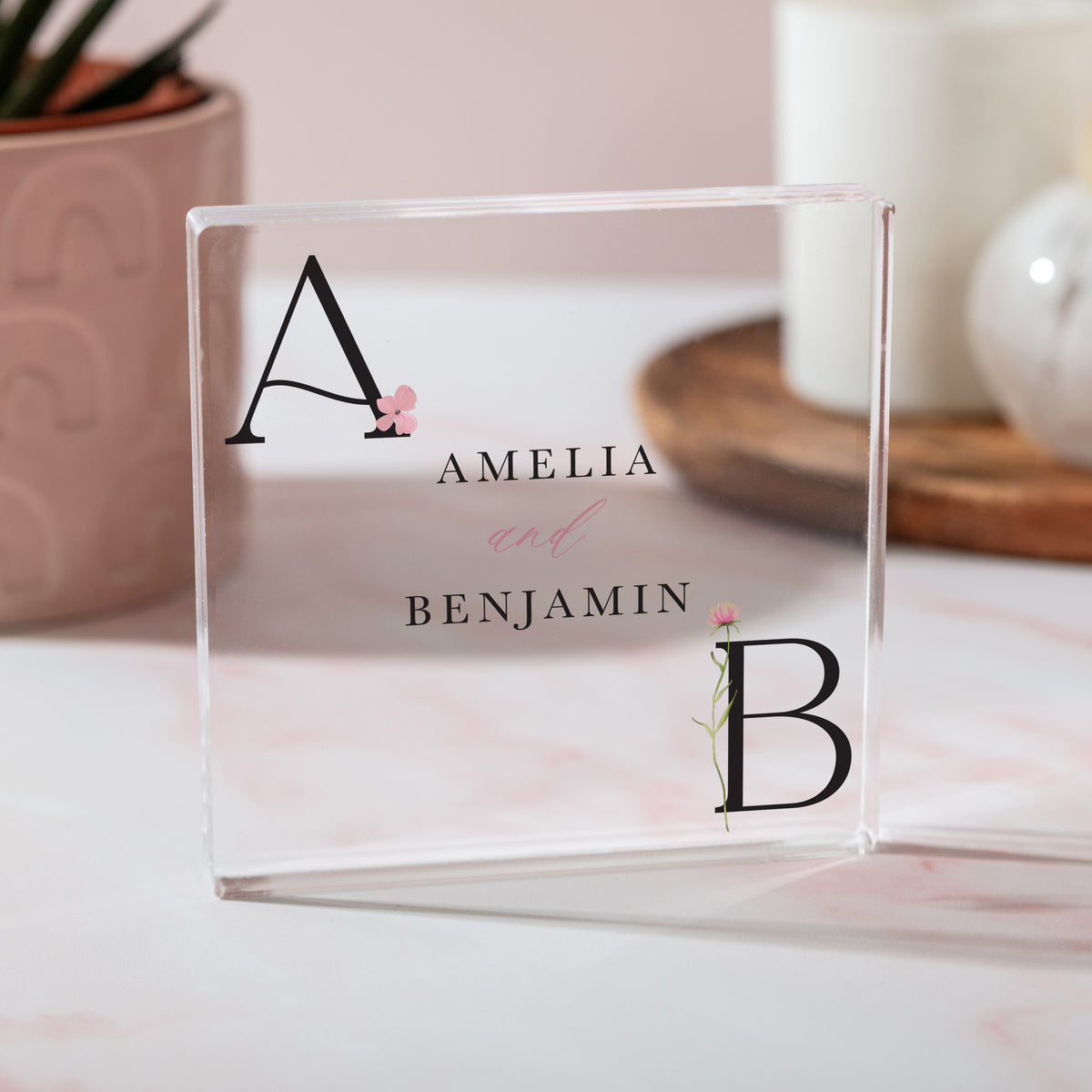 Personalized Couples Acrylic Plaque, Custom Initials and Names Keepsake, Floral Engagement or Wedding Gift