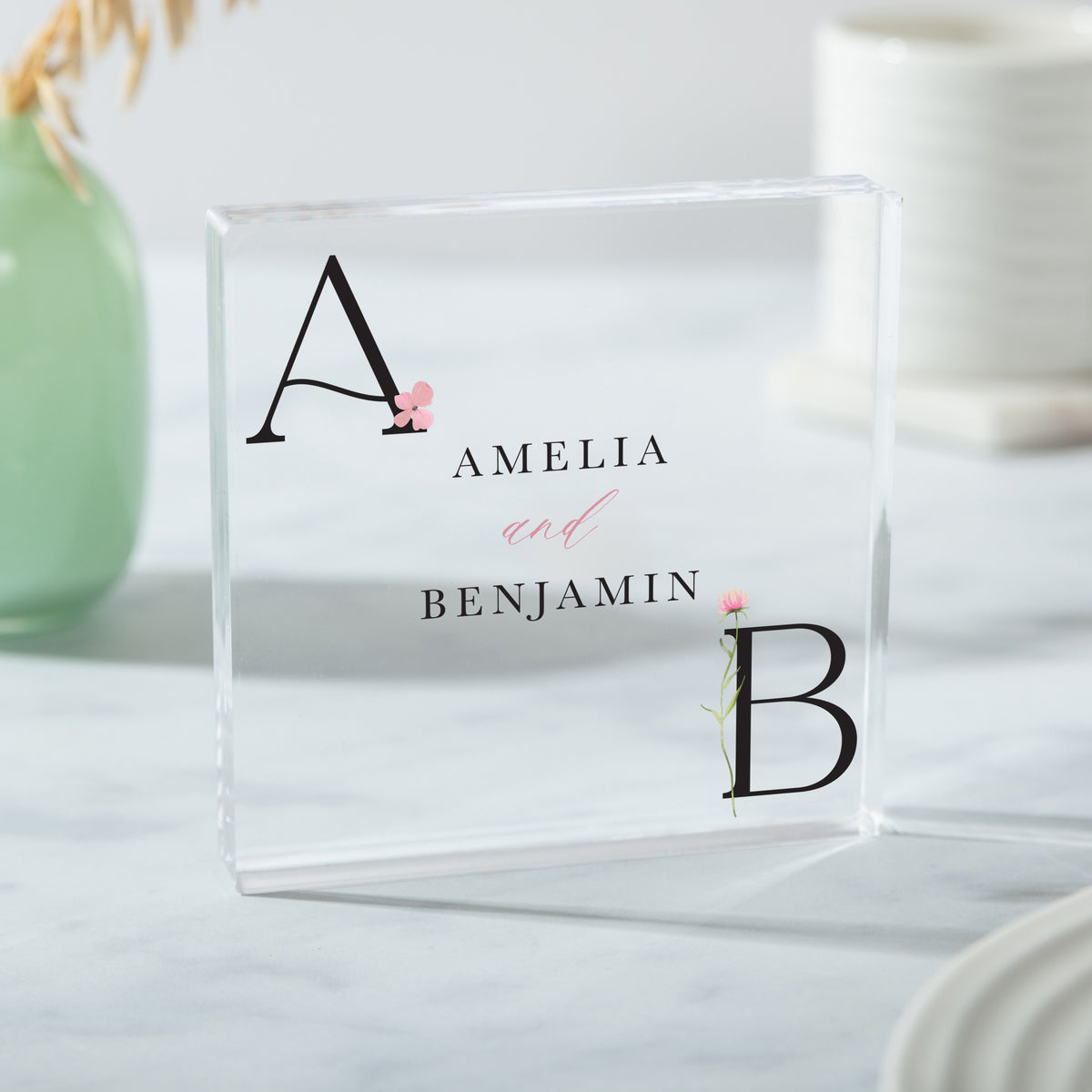 Personalized Couples Acrylic Plaque, Custom Initials and Names Keepsake, Floral Engagement or Wedding Gift