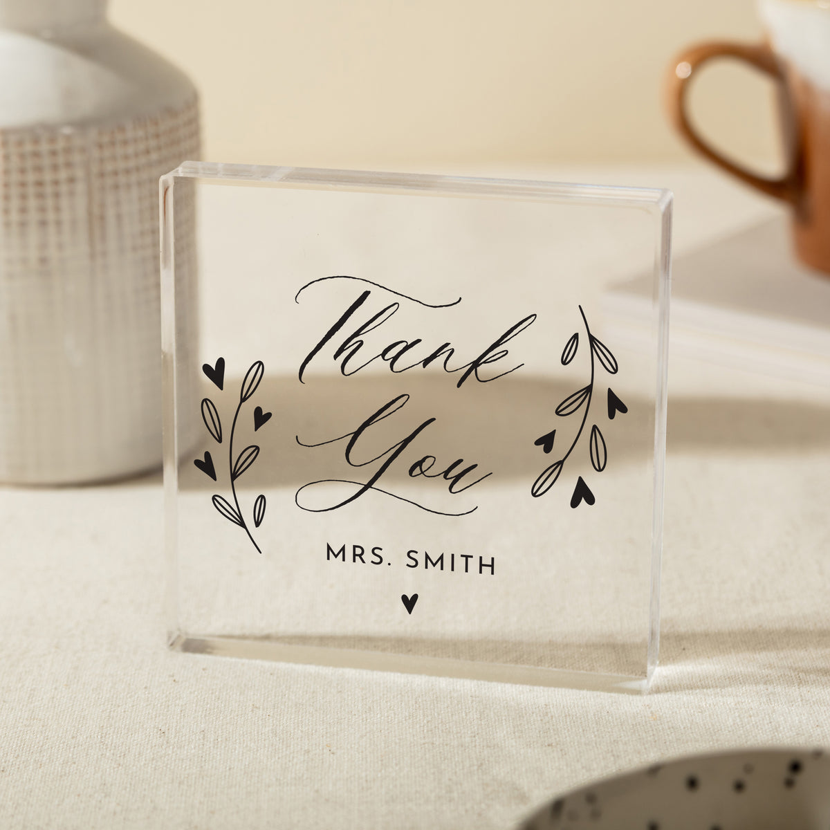 Thank You Gift for Teacher, Personalized Acrylic Plaque with Floral Hearts, Classroom Appreciation Keepsake