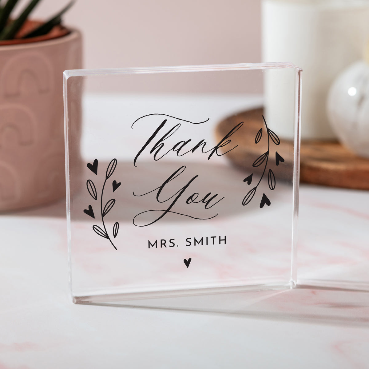 Thank You Gift for Teacher, Personalized Acrylic Plaque with Floral Hearts, Classroom Appreciation Keepsake