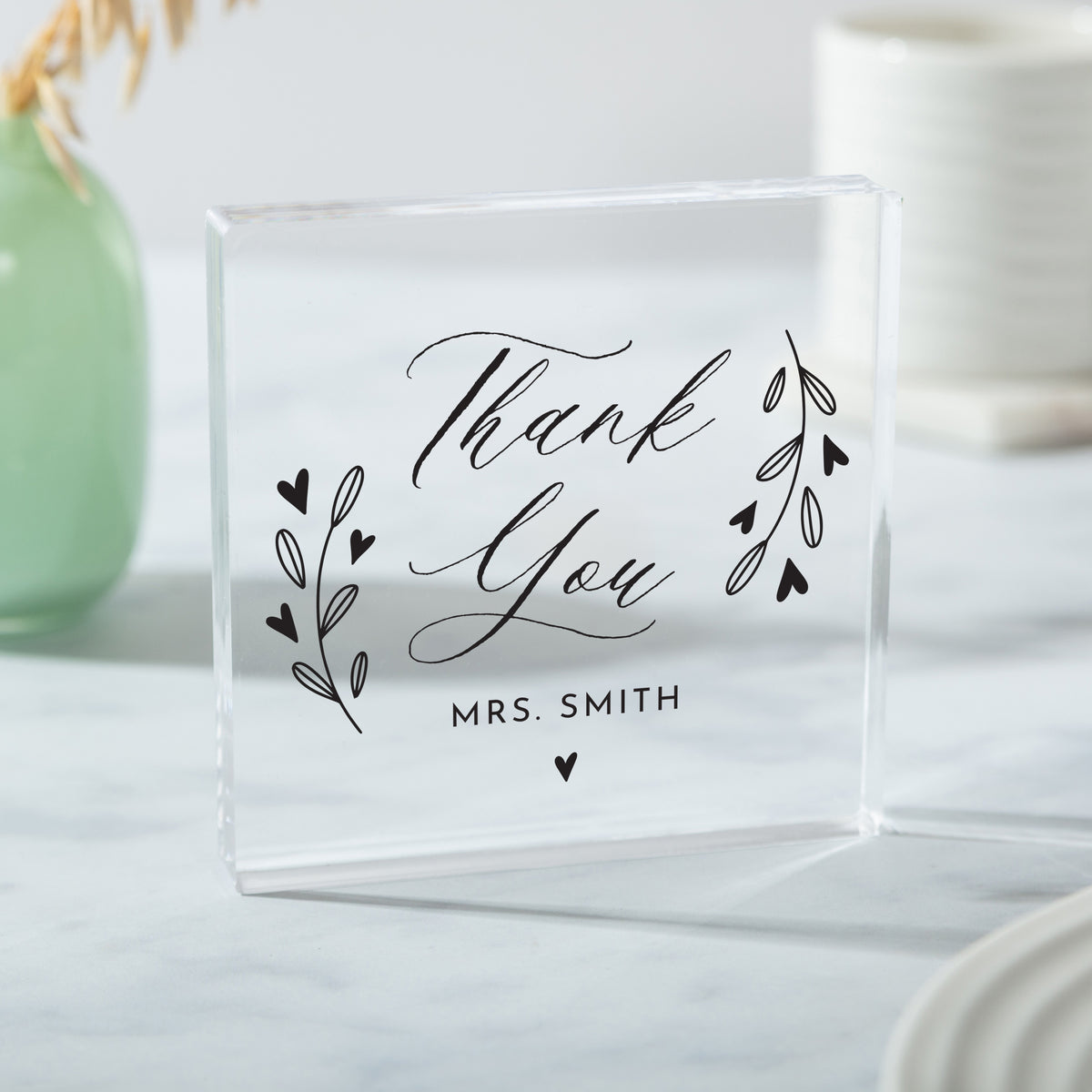 Thank You Gift for Teacher, Personalized Acrylic Plaque with Floral Hearts, Classroom Appreciation Keepsake