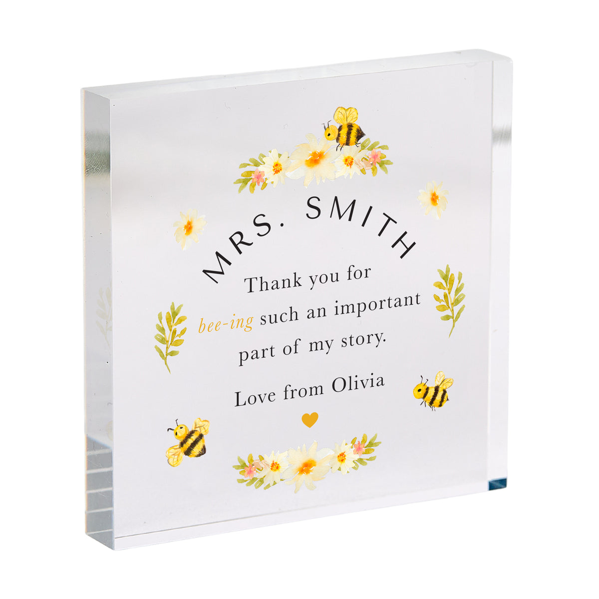 Thank You Gift for Her, Personalized Bee Floral Acrylic Plaque, Meaningful Appreciation Keepsake for Mentor or Friend