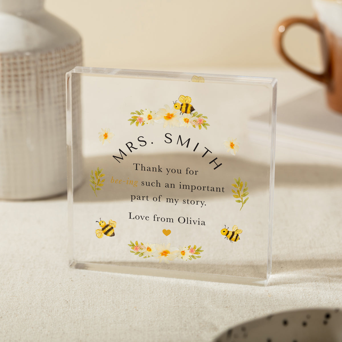 Thank You Gift for Her, Personalized Bee Floral Acrylic Plaque, Meaningful Appreciation Keepsake for Mentor or Friend