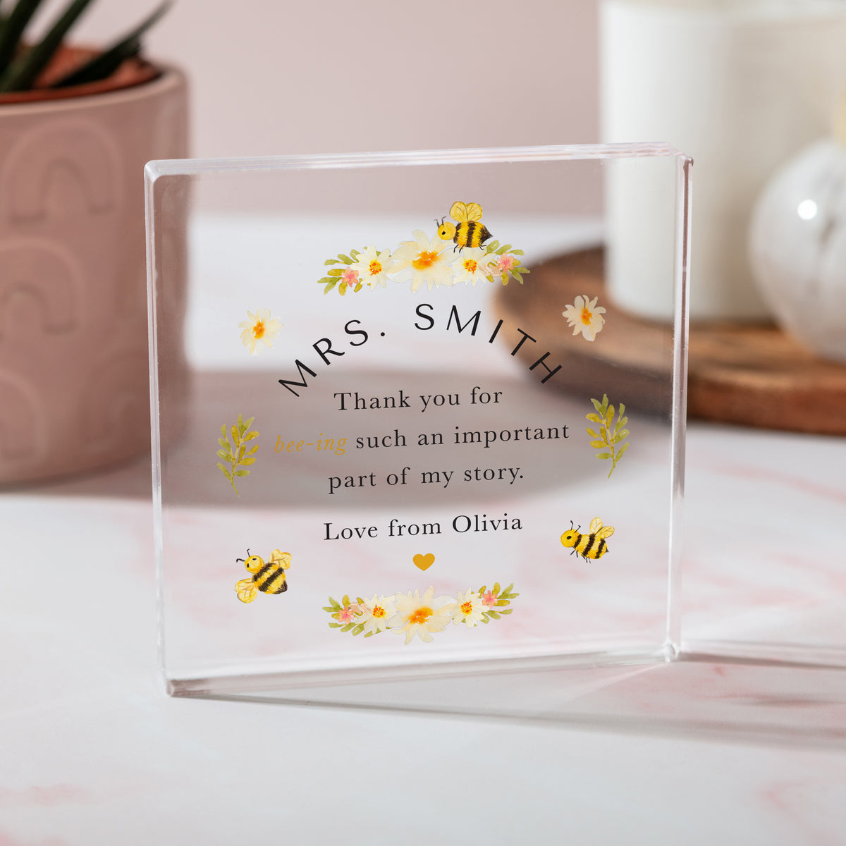 Thank You Gift for Her, Personalized Bee Floral Acrylic Plaque, Meaningful Appreciation Keepsake for Mentor or Friend