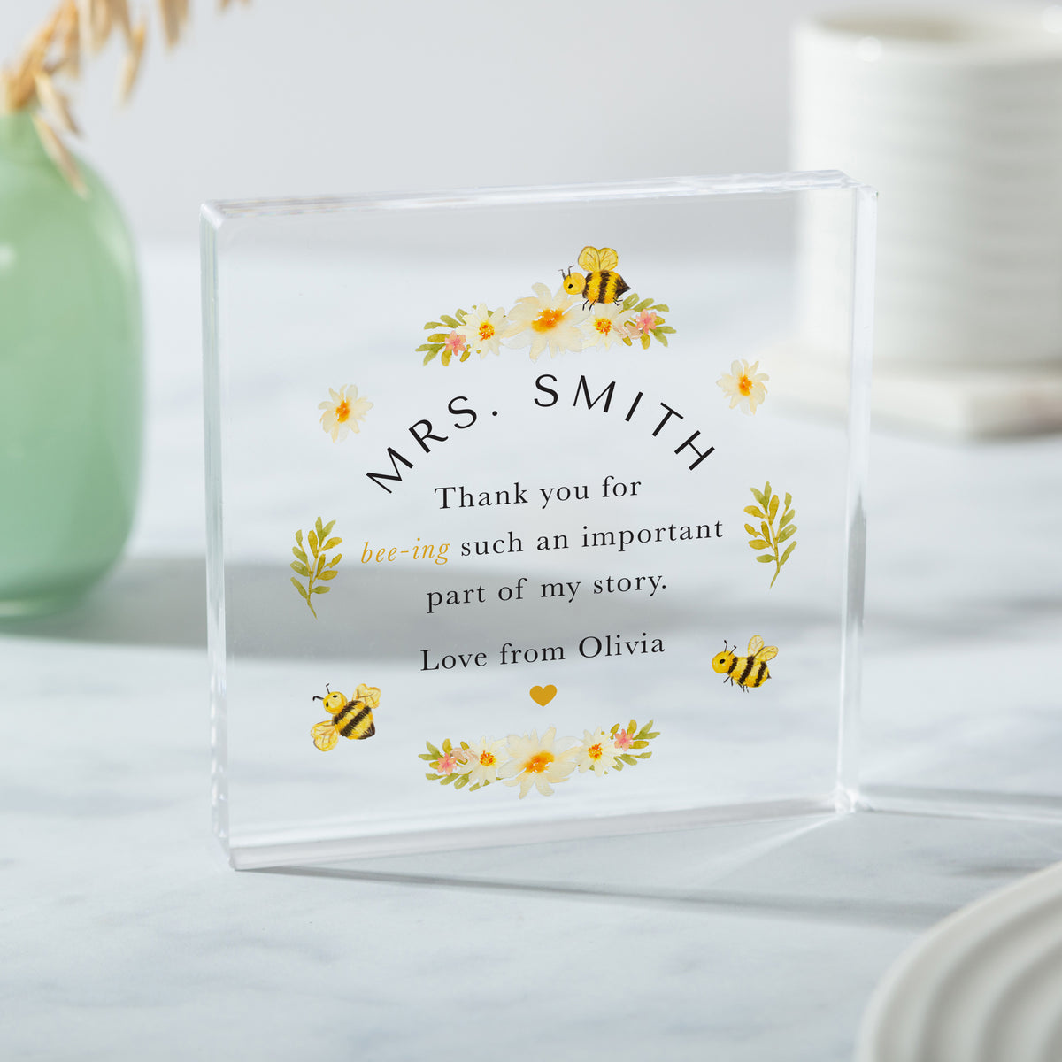 Thank You Gift for Her, Personalized Bee Floral Acrylic Plaque, Meaningful Appreciation Keepsake for Mentor or Friend