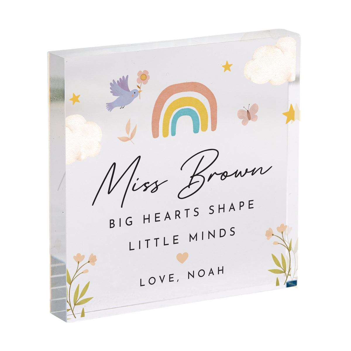 Teacher Appreciation Acrylic Plaque, Personalized Big Hearts Shape Little Minds Keepsake with Rainbow and Floral Art