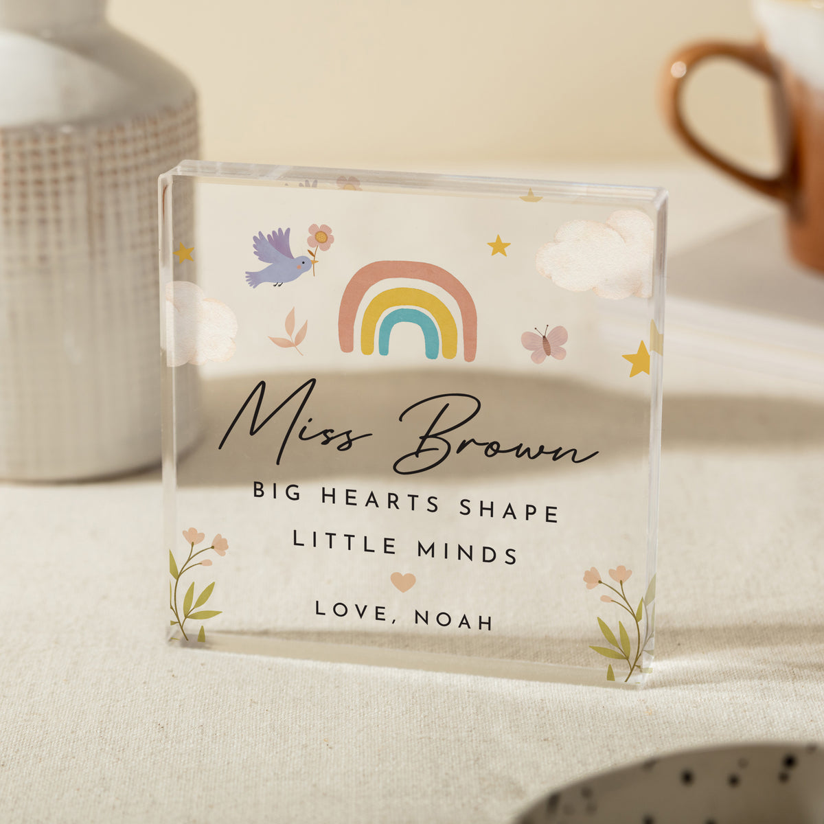 Teacher Appreciation Acrylic Plaque, Personalized Big Hearts Shape Little Minds Keepsake with Rainbow and Floral Art