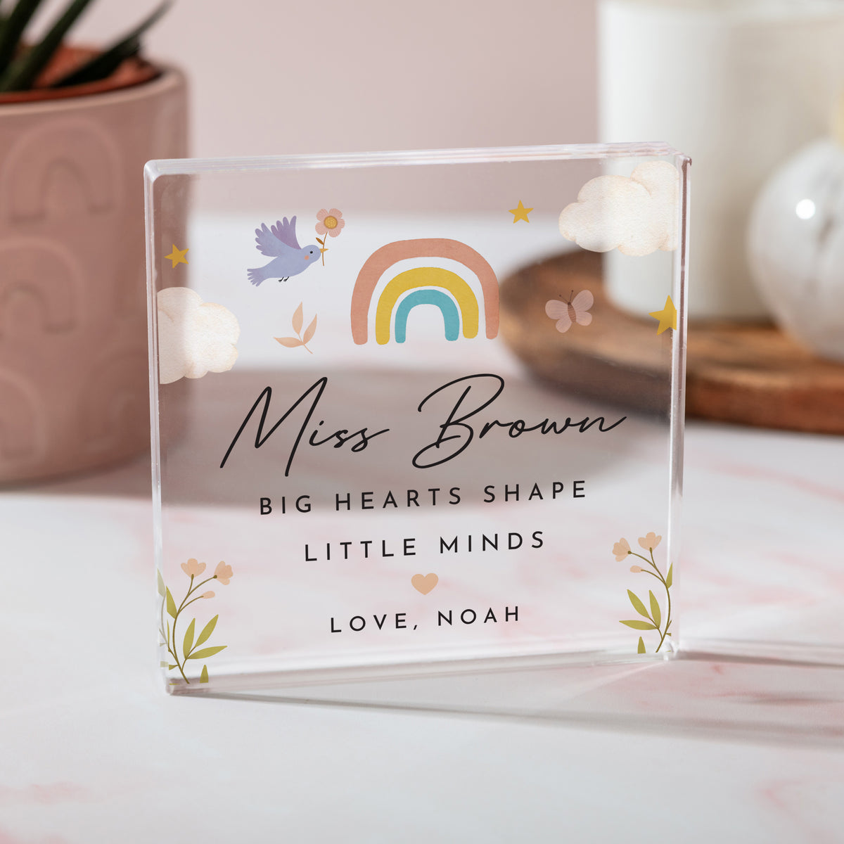 Teacher Appreciation Acrylic Plaque, Personalized Big Hearts Shape Little Minds Keepsake with Rainbow and Floral Art