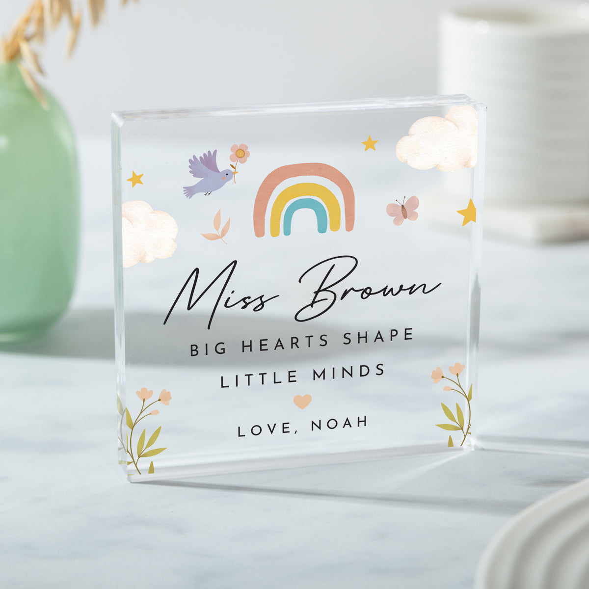 Teacher Appreciation Acrylic Plaque, Personalized Big Hearts Shape Little Minds Keepsake with Rainbow and Floral Art