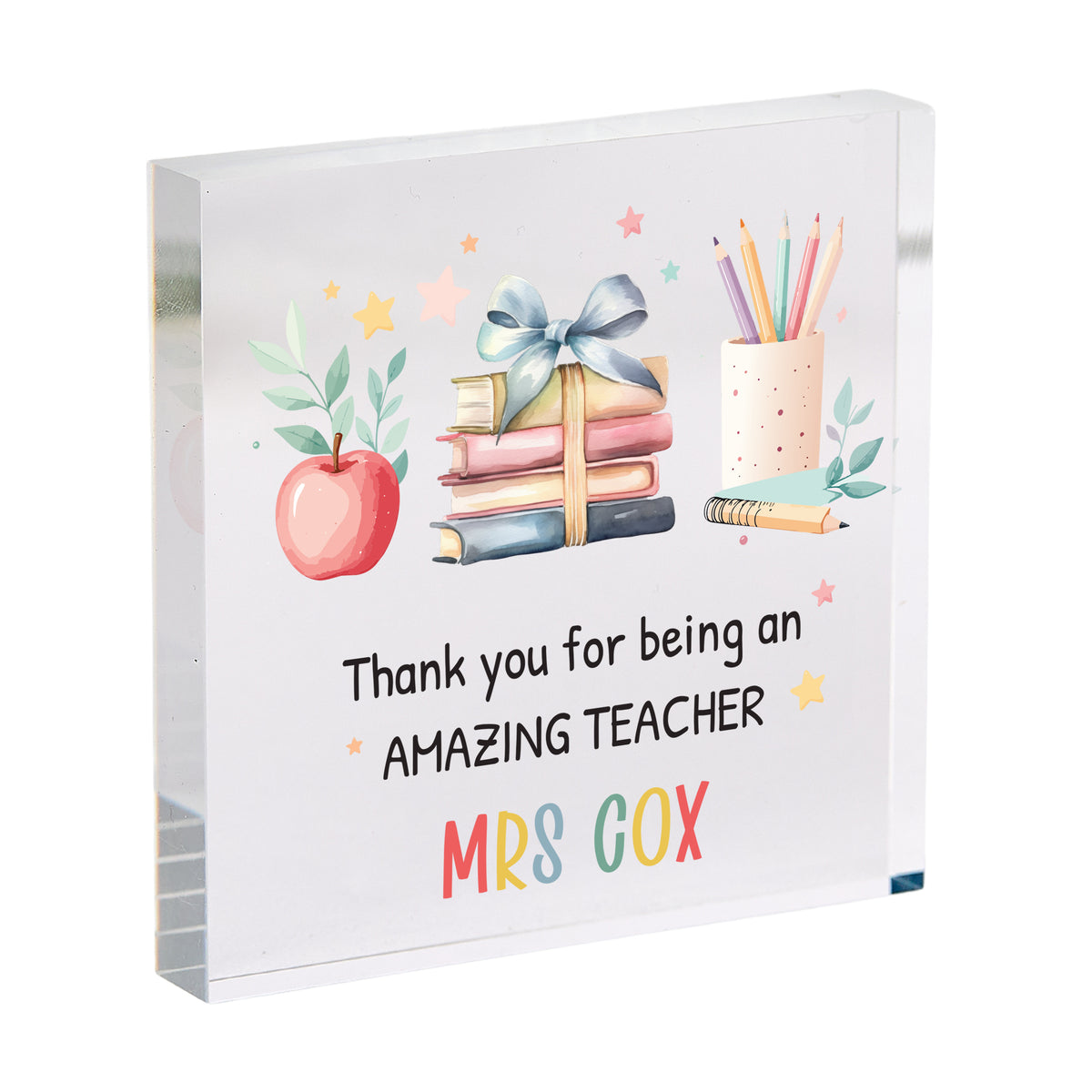 Thank You Gift for Teacher, Personalized Acrylic Plaque with Apple, Books and Pencil, Amazing Teacher Appreciation Keepsake