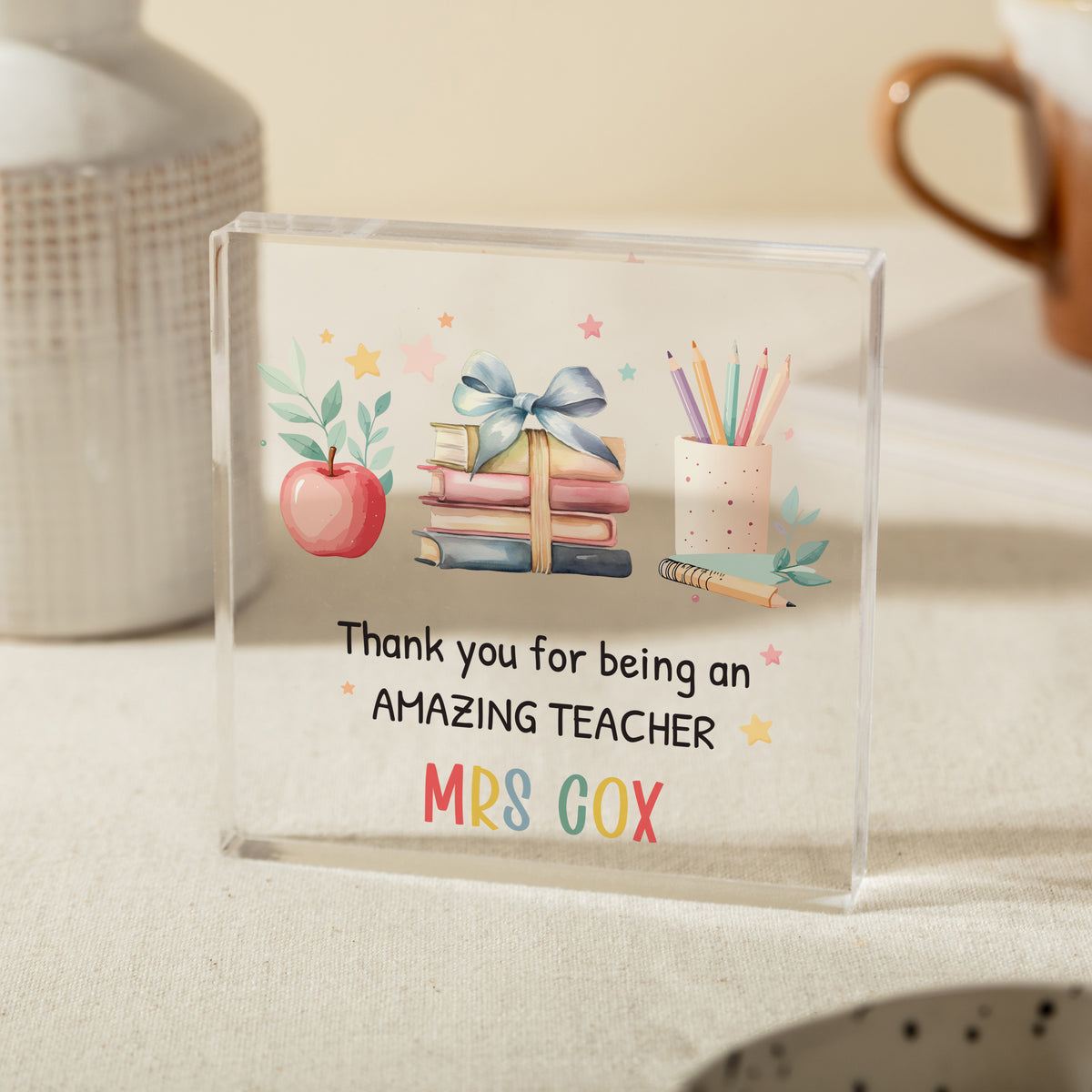 Thank You Gift for Teacher, Personalized Acrylic Plaque with Apple, Books and Pencil, Amazing Teacher Appreciation Keepsake