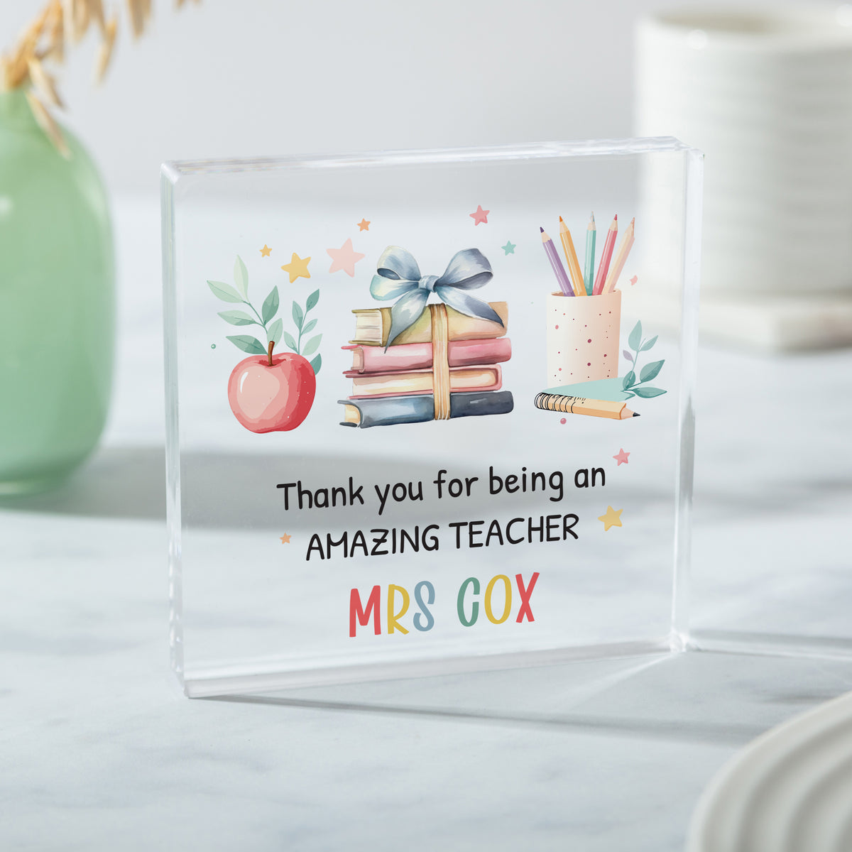 Thank You Gift for Teacher, Personalized Acrylic Plaque with Apple, Books and Pencil, Amazing Teacher Appreciation Keepsake