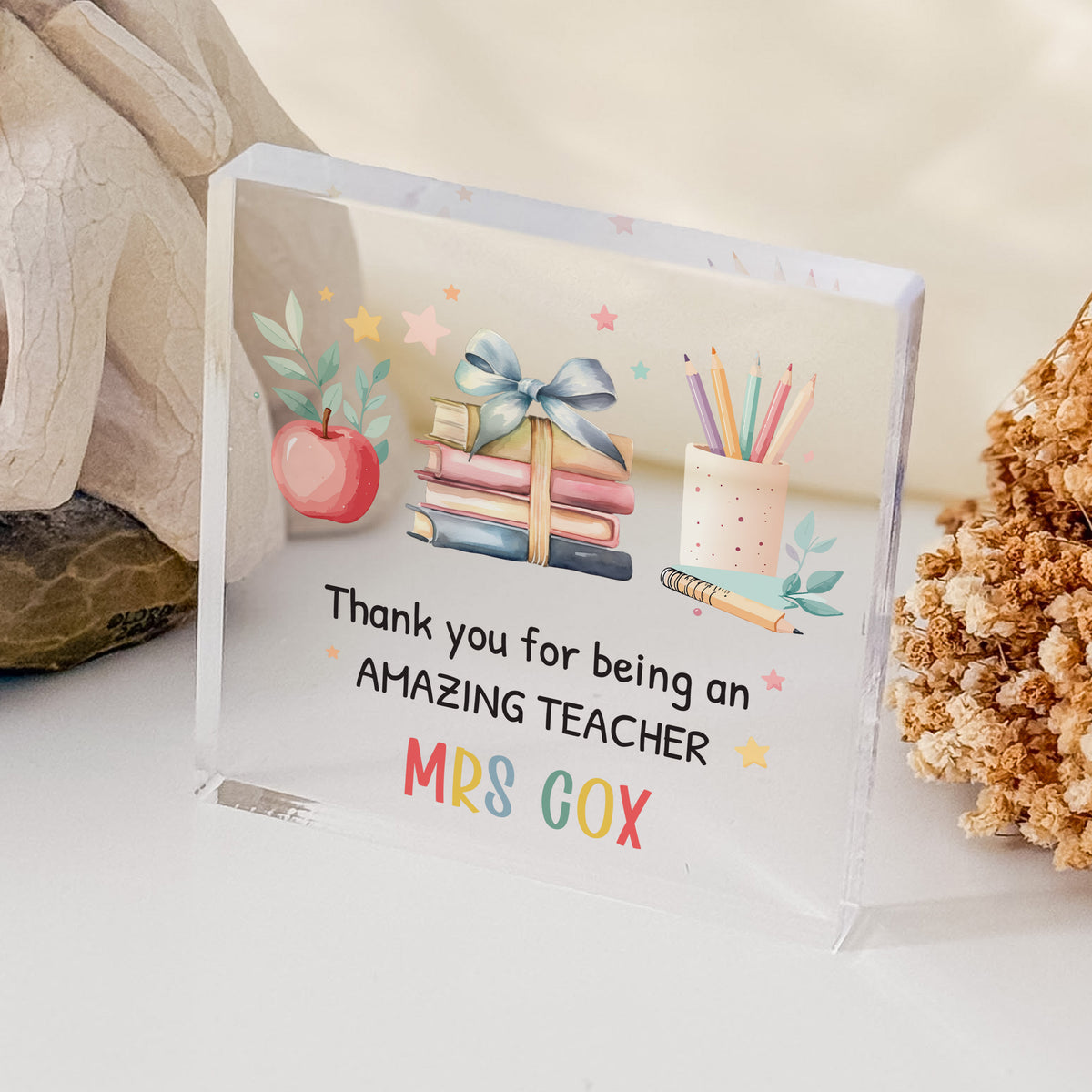 Thank You Gift for Teacher, Personalized Acrylic Plaque with Apple, Books and Pencil, Amazing Teacher Appreciation Keepsake