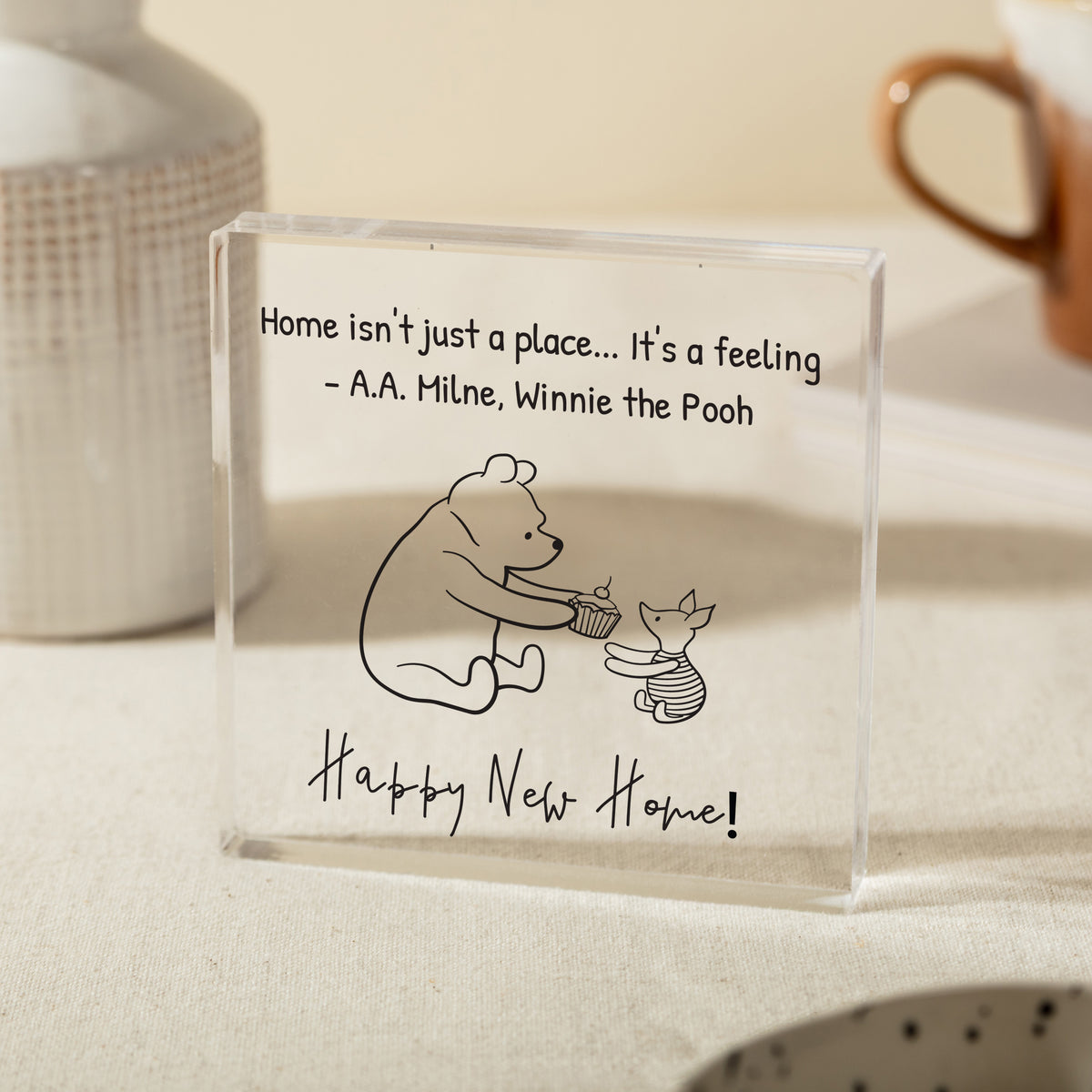 Happy New Home Acrylic Plaque, Winnie the Pooh Housewarming Keepsake with Home Is a Feeling Quote Decor