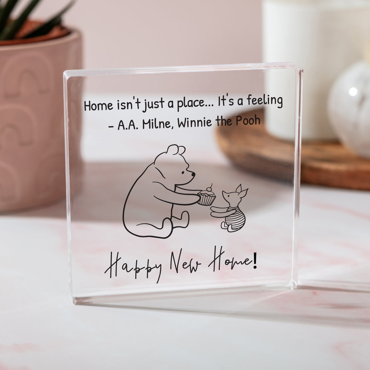 Happy New Home Acrylic Plaque, Winnie the Pooh Housewarming Keepsake with Home Is a Feeling Quote Decor