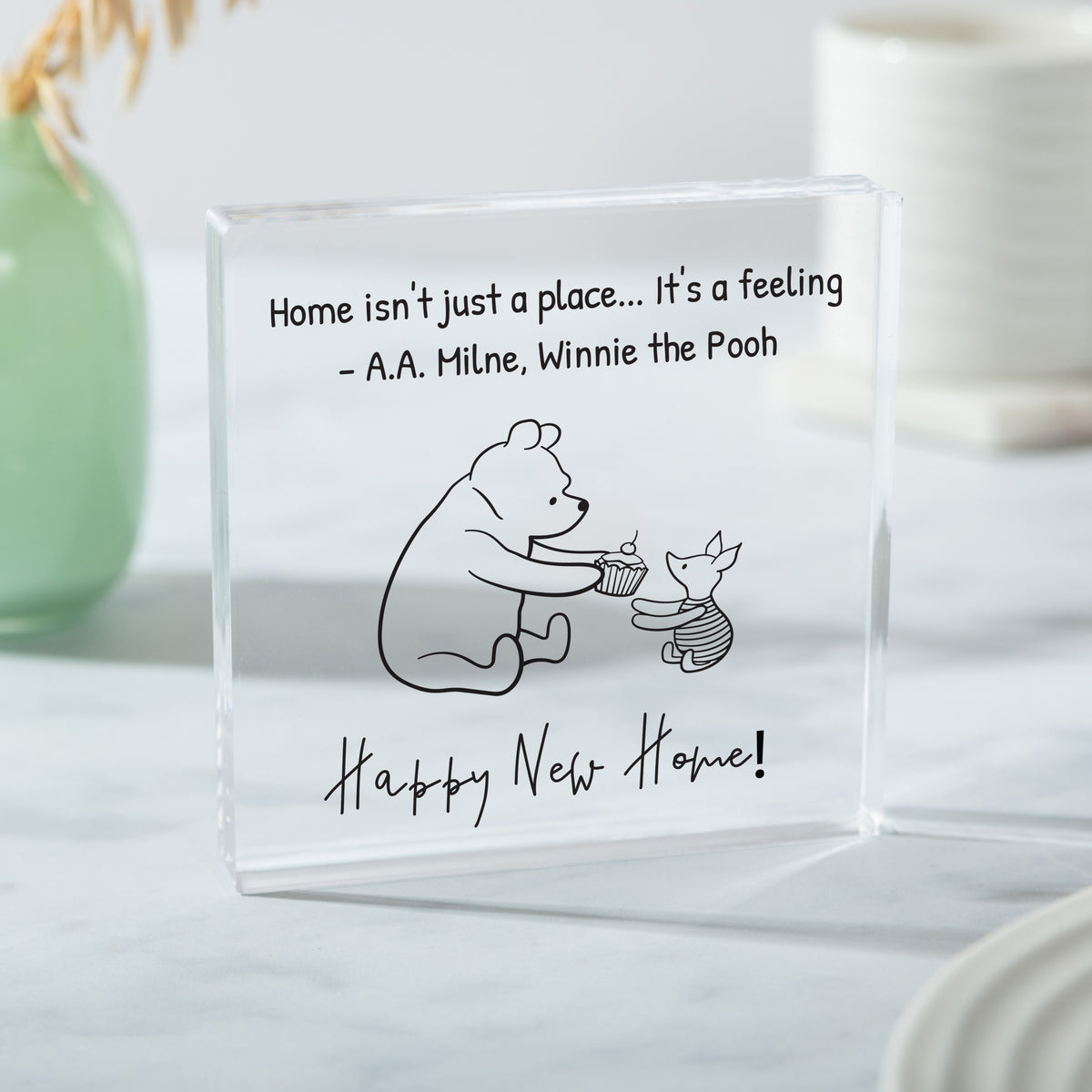 Happy New Home Acrylic Plaque, Winnie the Pooh Housewarming Keepsake with Home Is a Feeling Quote Decor