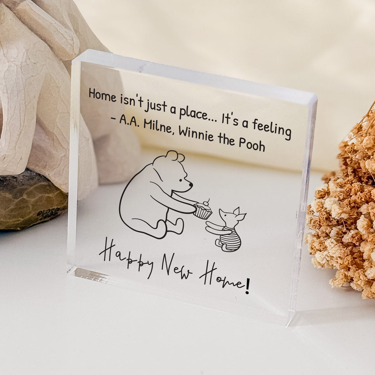 Happy New Home Acrylic Plaque, Winnie the Pooh Housewarming Keepsake with Home Is a Feeling Quote Decor