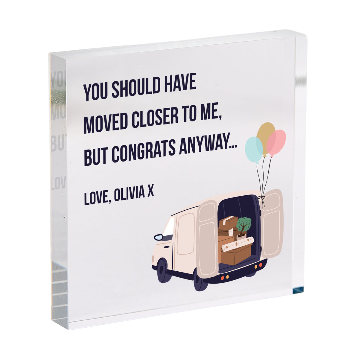 Funny Moving Away Acrylic Plaque, New Home Congratulations Gift for Friend, Van and Balloon Farewell Keepsake