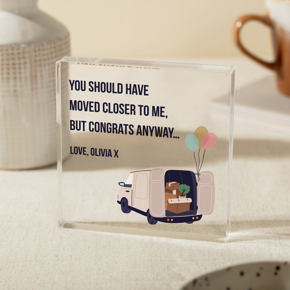 Funny Moving Away Acrylic Plaque, New Home Congratulations Gift for Friend, Van and Balloon Farewell Keepsake