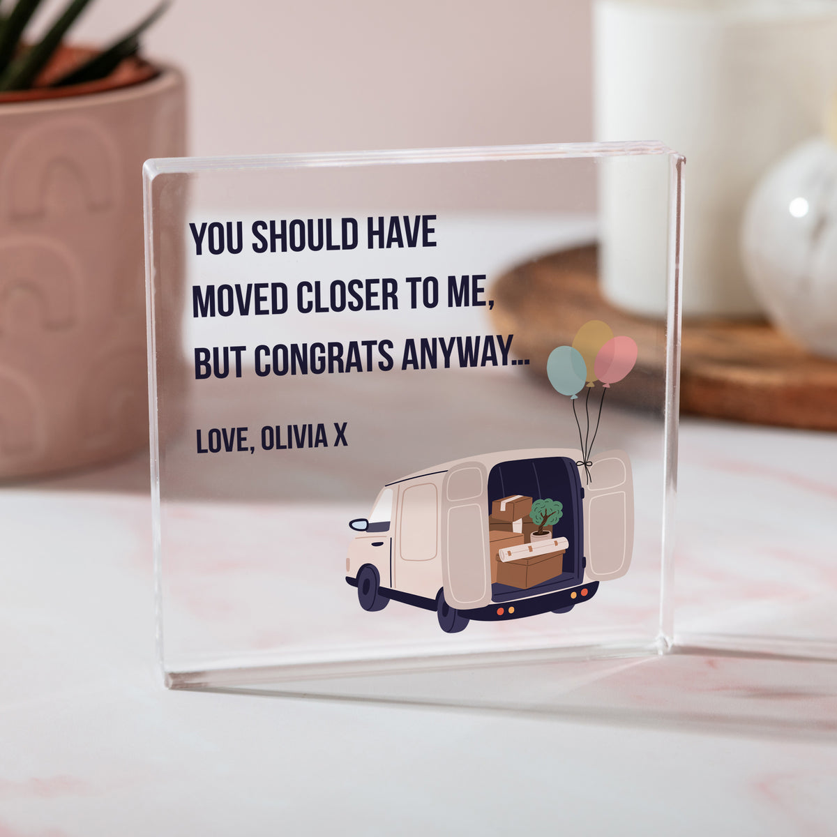 Funny Moving Away Acrylic Plaque, New Home Congratulations Gift for Friend, Van and Balloon Farewell Keepsake