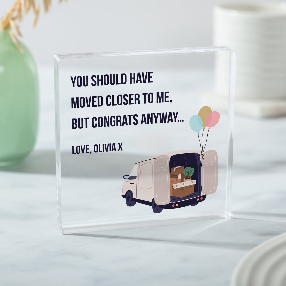 Funny Moving Away Acrylic Plaque, New Home Congratulations Gift for Friend, Van and Balloon Farewell Keepsake
