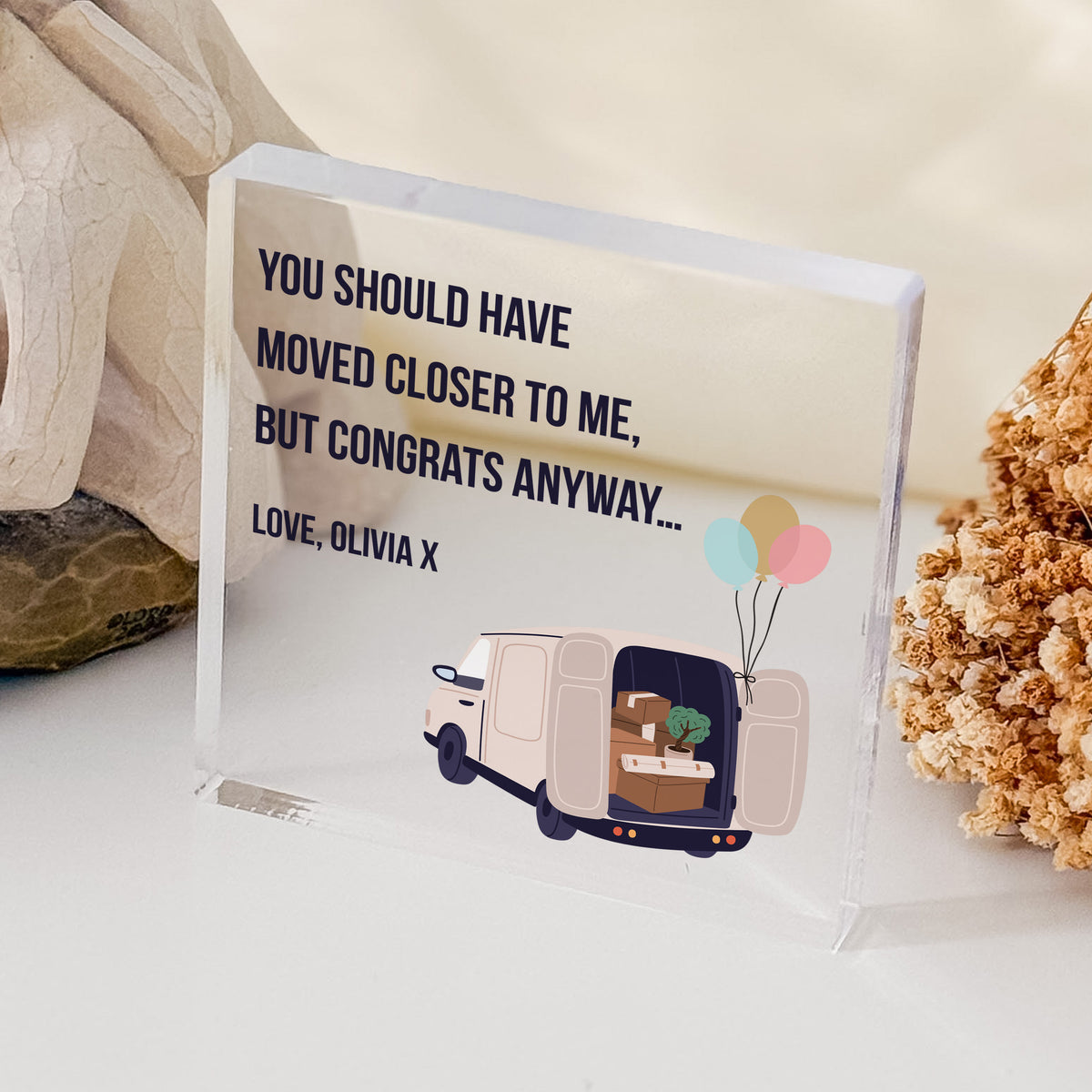 Funny Moving Away Acrylic Plaque, New Home Congratulations Gift for Friend, Van and Balloon Farewell Keepsake