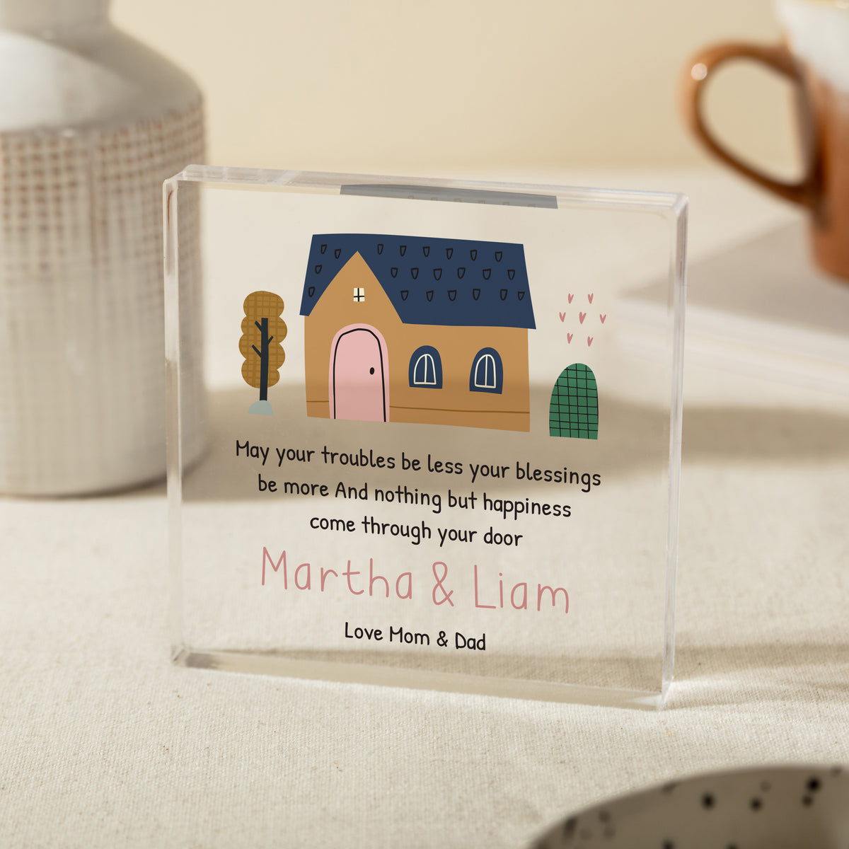 Personalized New Home Blessing Acrylic Plaque, Housewarming Gift for Couple, Happy Home Quote Keepsake with Cottage Art