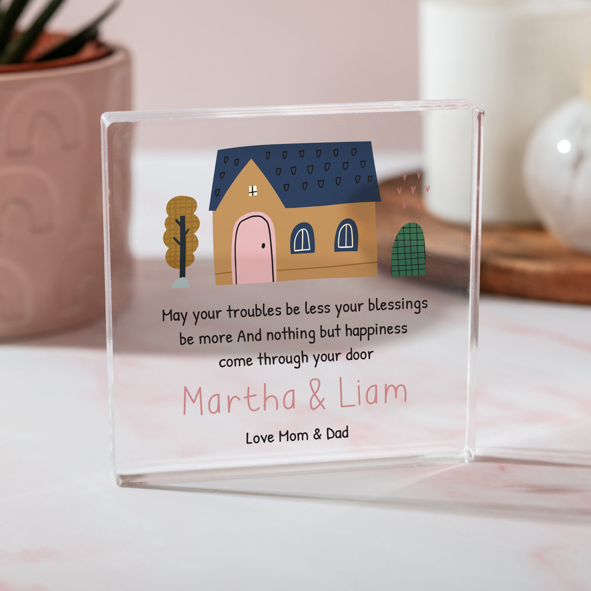 Personalized New Home Blessing Acrylic Plaque, Housewarming Gift for Couple, Happy Home Quote Keepsake with Cottage Art