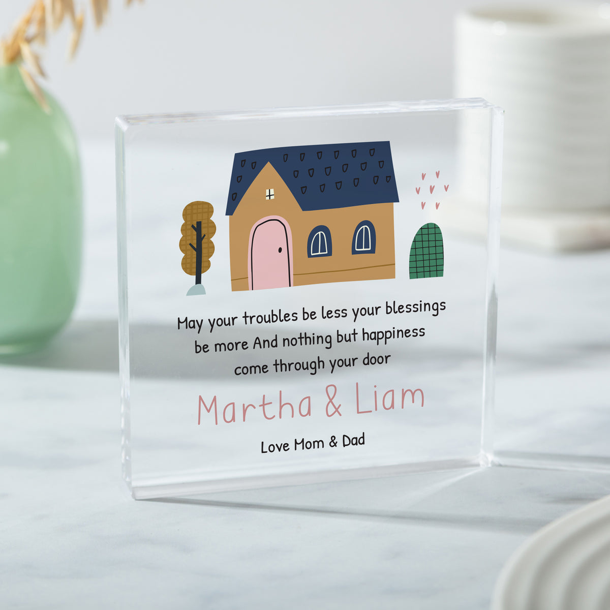 Personalized New Home Blessing Acrylic Plaque, Housewarming Gift for Couple, Happy Home Quote Keepsake with Cottage Art