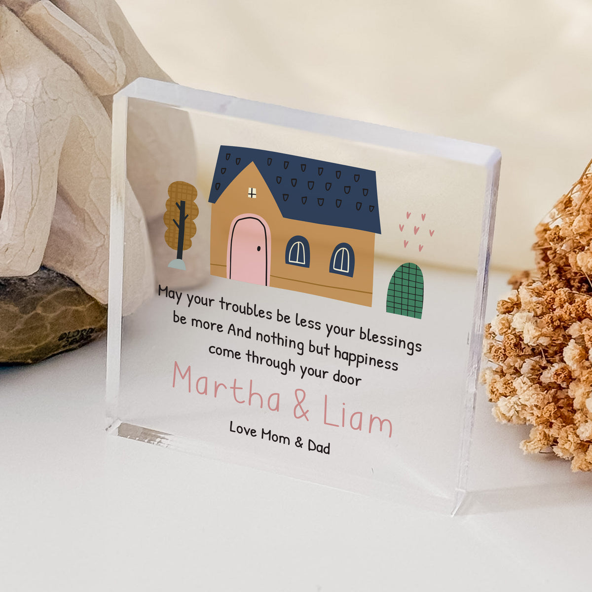 Personalized New Home Blessing Acrylic Plaque, Housewarming Gift for Couple, Happy Home Quote Keepsake with Cottage Art