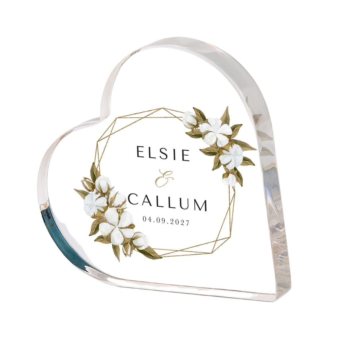 Floral Wedding Keepsake, Personalized Acrylic Heart Plaque with Names, Date and Gold Geometric Frame Design