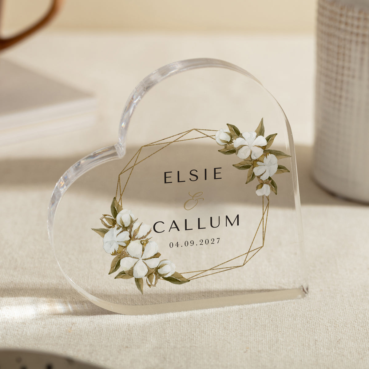 Floral Wedding Keepsake, Personalized Acrylic Heart Plaque with Names, Date and Gold Geometric Frame Design