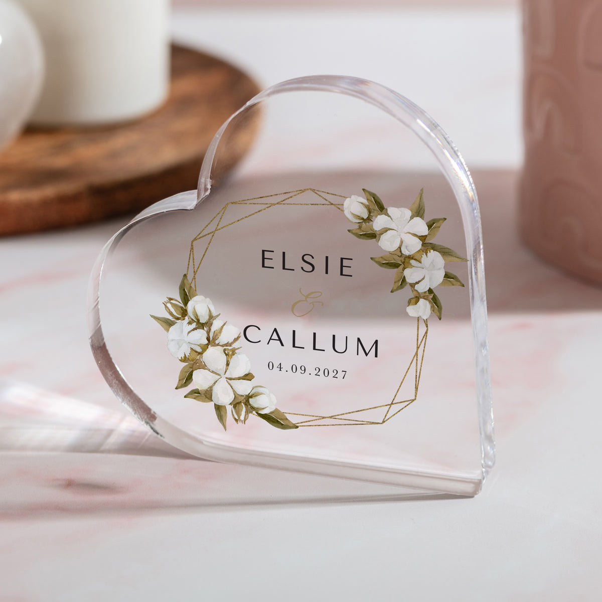 Floral Wedding Keepsake, Personalized Acrylic Heart Plaque with Names, Date and Gold Geometric Frame Design