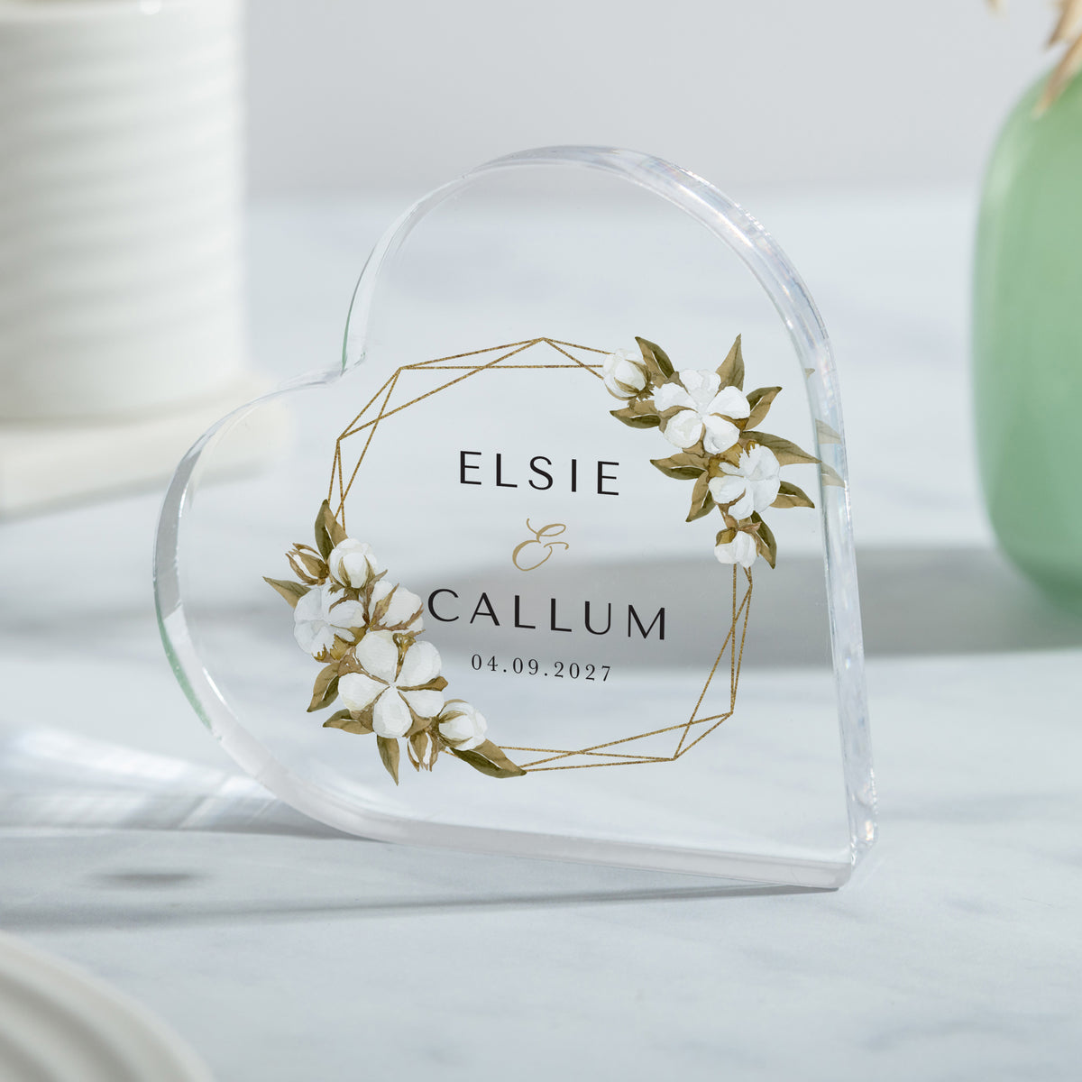 Floral Wedding Keepsake, Personalized Acrylic Heart Plaque with Names, Date and Gold Geometric Frame Design