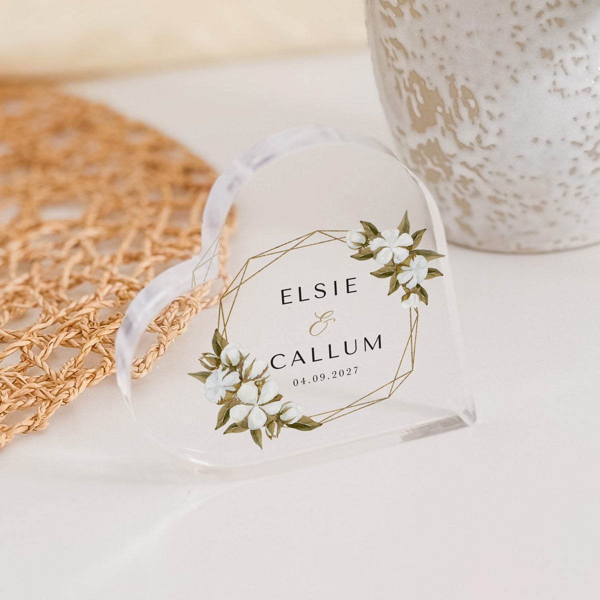 Floral Wedding Keepsake, Personalized Acrylic Heart Plaque with Names, Date and Gold Geometric Frame Design