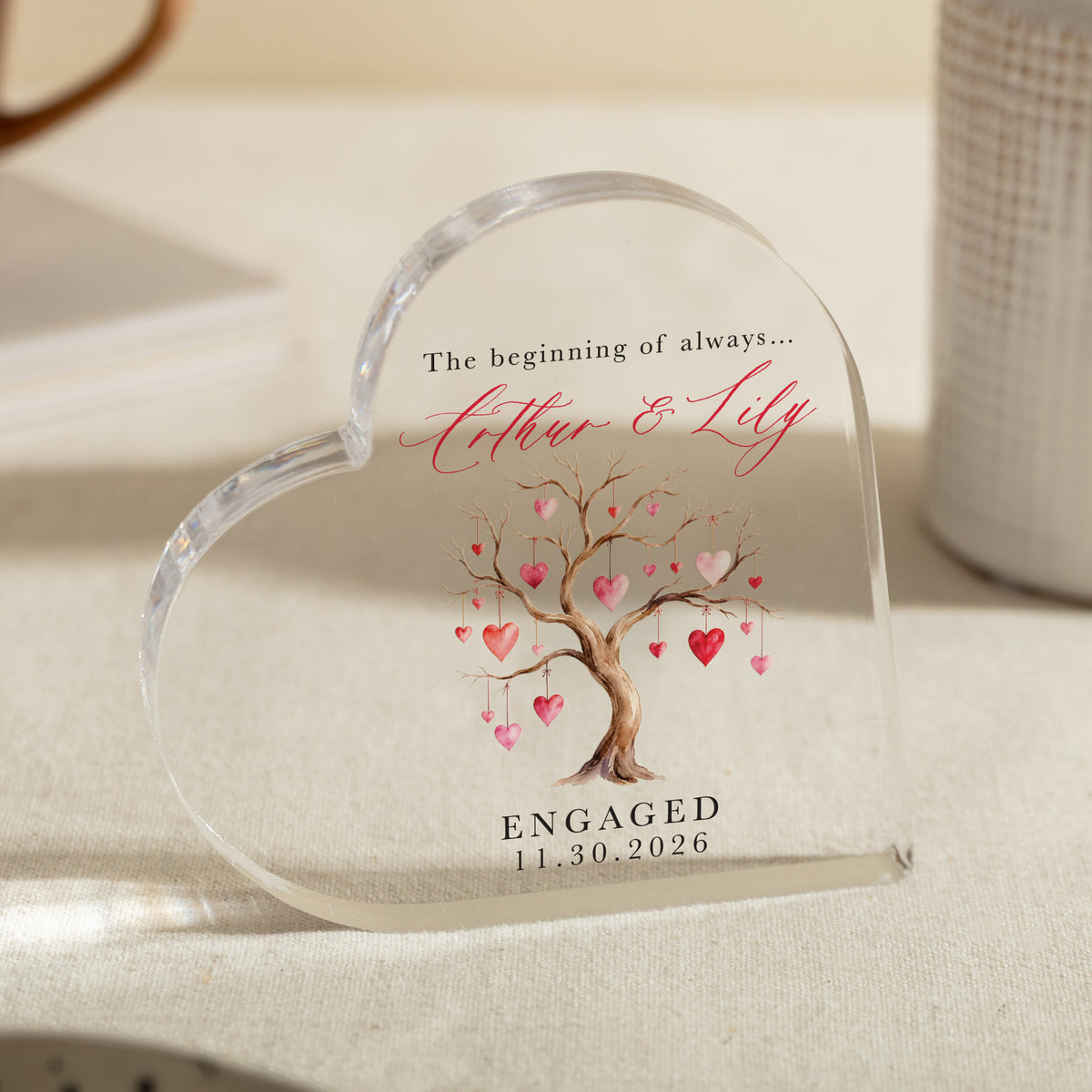 Engagement Gift for Couple, Personalized Acrylic Heart Plaque, Hanging Hearts Tree Keepsake for Fiancé and Fiancée