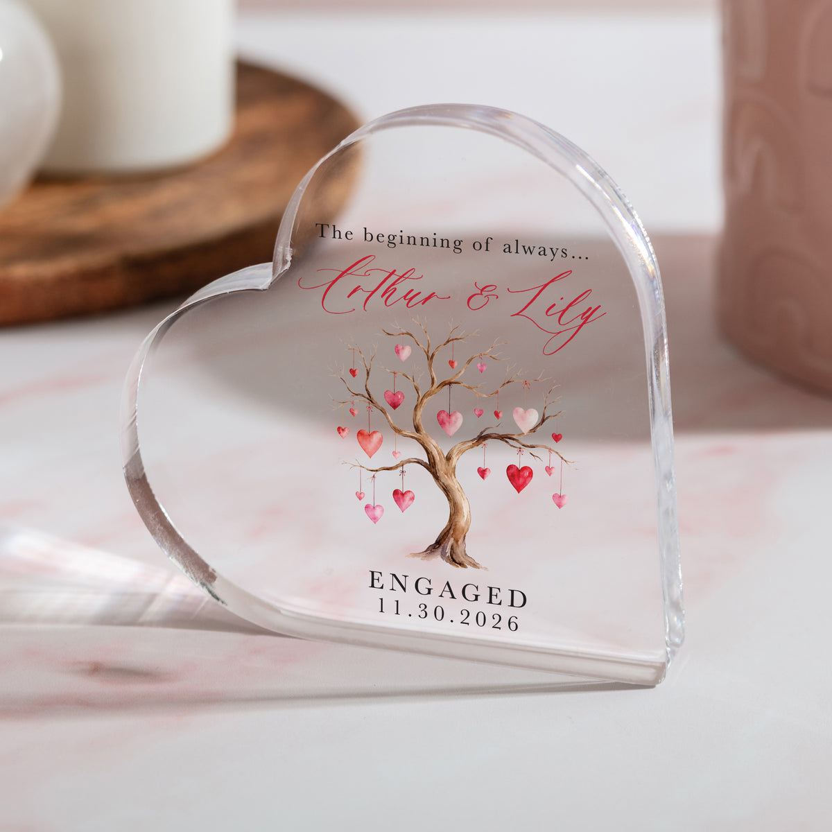 Engagement Gift for Couple, Personalized Acrylic Heart Plaque, Hanging Hearts Tree Keepsake for Fiancé and Fiancée