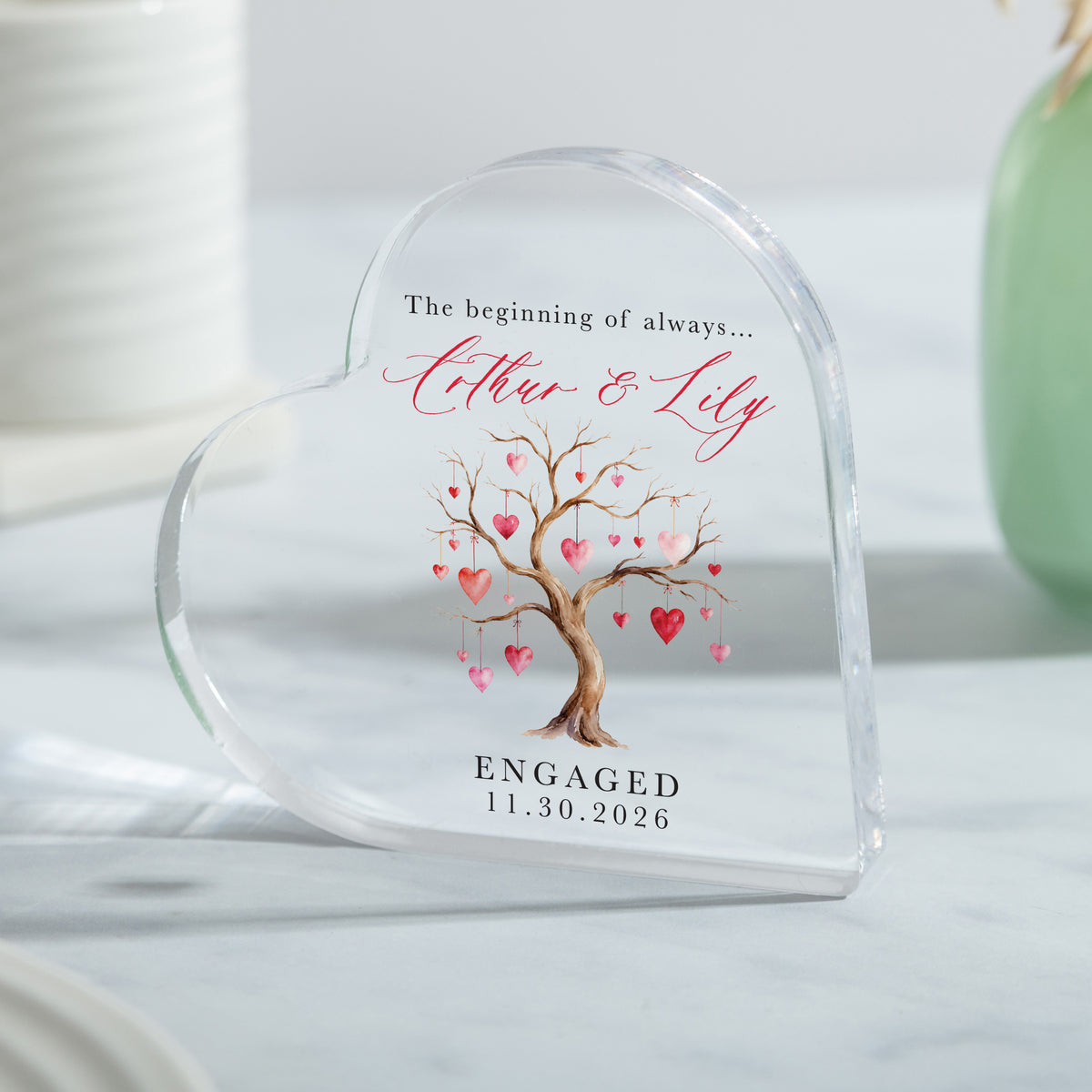 Engagement Gift for Couple, Personalized Acrylic Heart Plaque, Hanging Hearts Tree Keepsake for Fiancé and Fiancée