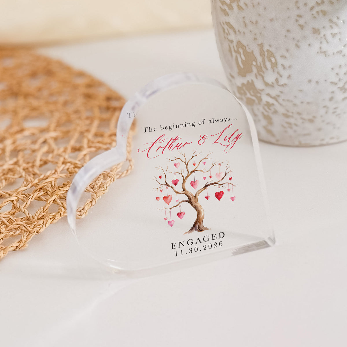 Engagement Gift for Couple, Personalized Acrylic Heart Plaque, Hanging Hearts Tree Keepsake for Fiancé and Fiancée