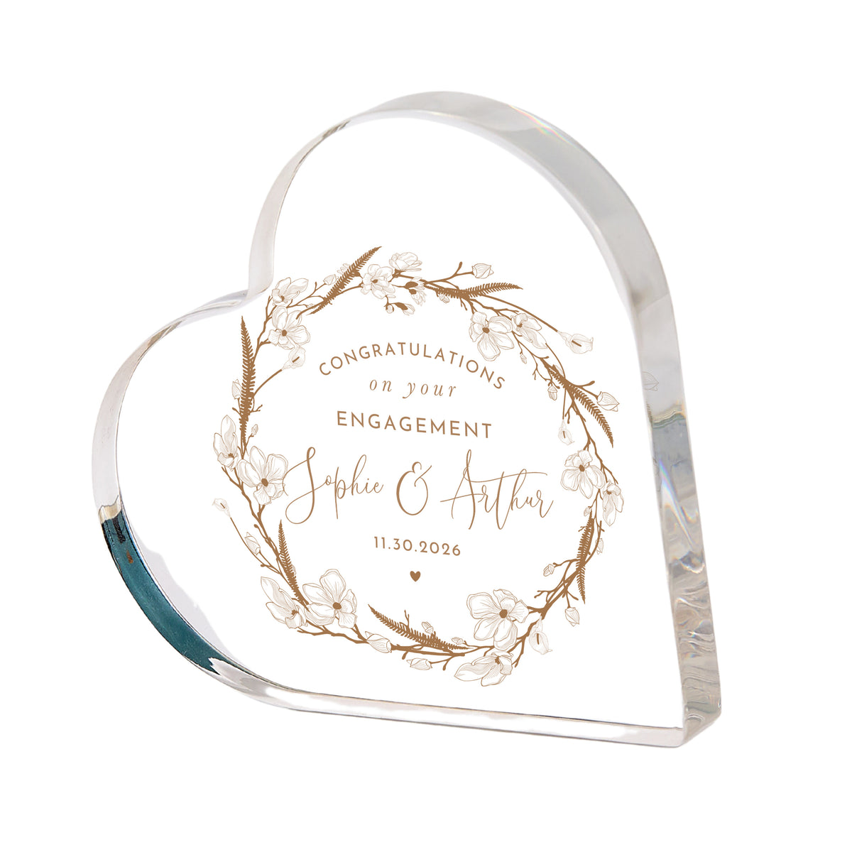 Engagement Gift for Couple, Personalized Acrylic Heart Plaque with Floral Wreath, Congratulations Keepsake