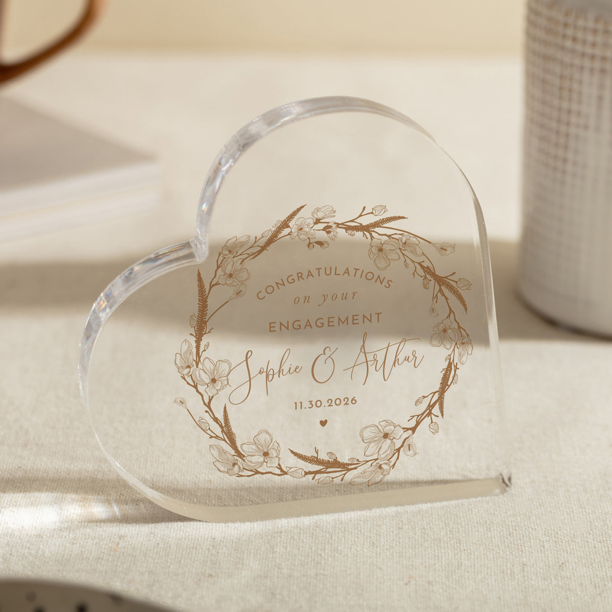 Engagement Gift for Couple, Personalized Acrylic Heart Plaque with Floral Wreath, Congratulations Keepsake