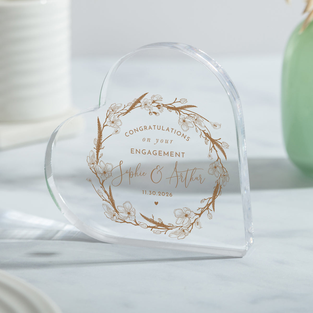 Engagement Gift for Couple, Personalized Acrylic Heart Plaque with Floral Wreath, Congratulations Keepsake