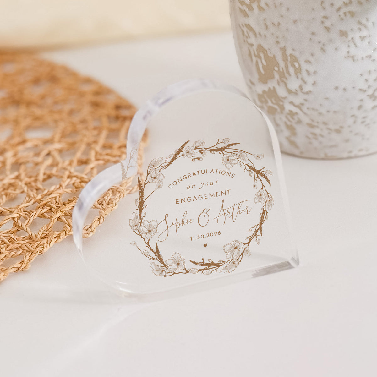 Engagement Gift for Couple, Personalized Acrylic Heart Plaque with Floral Wreath, Congratulations Keepsake