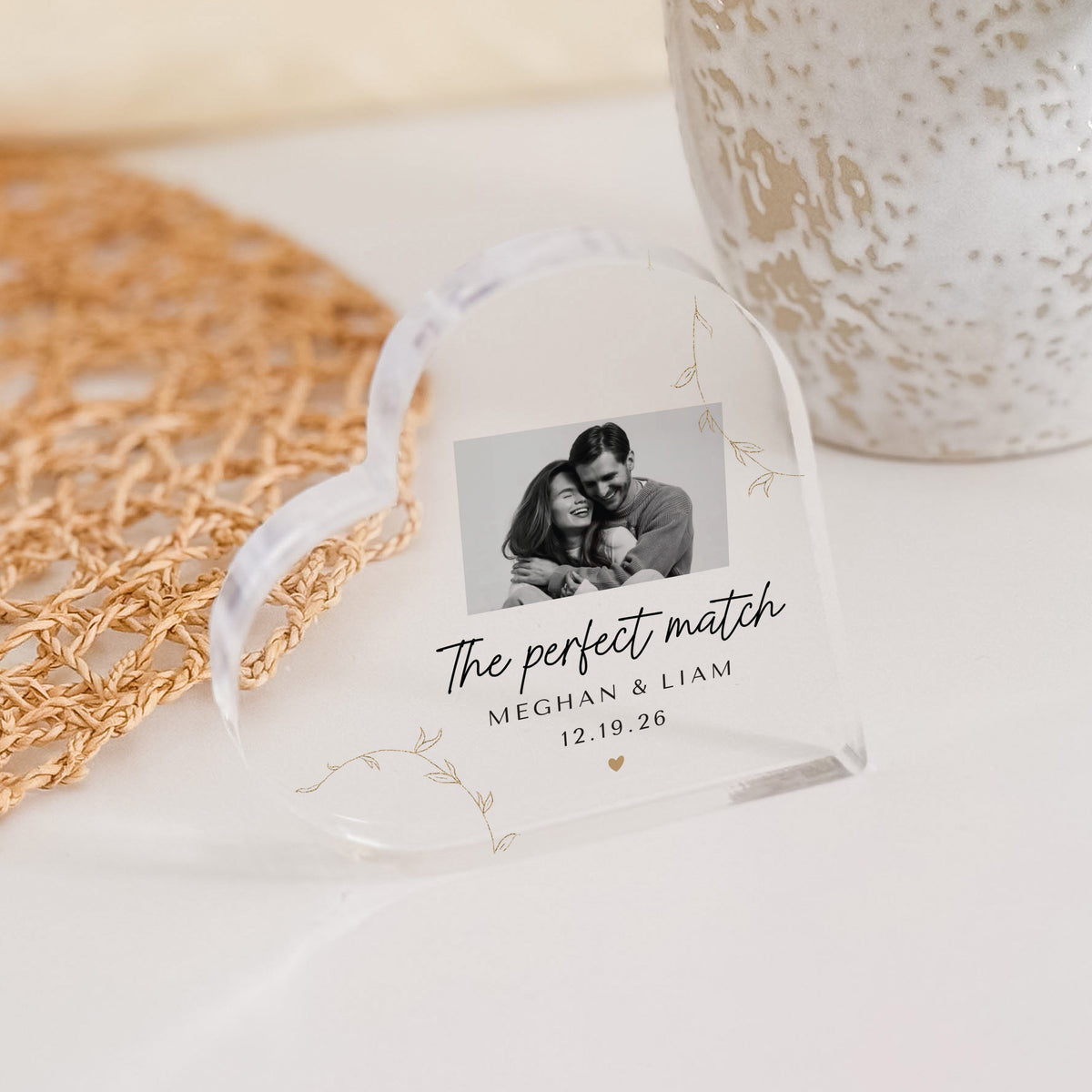 Personalized Couple Photo Gift, The Perfect Match Acrylic Heart Plaque, Custom Names Date Wedding Anniversary Keepsake