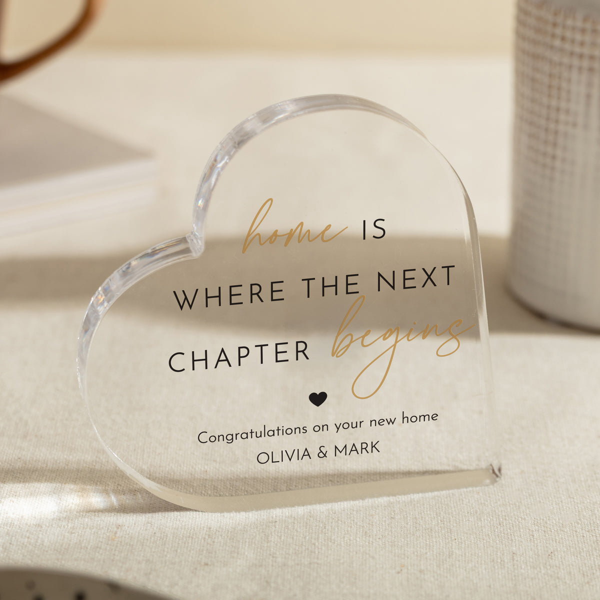 New Home Gift, Personalized Acrylic Heart Plaque, Housewarming Keepsake With Home Is Where the Next Chapter Begins