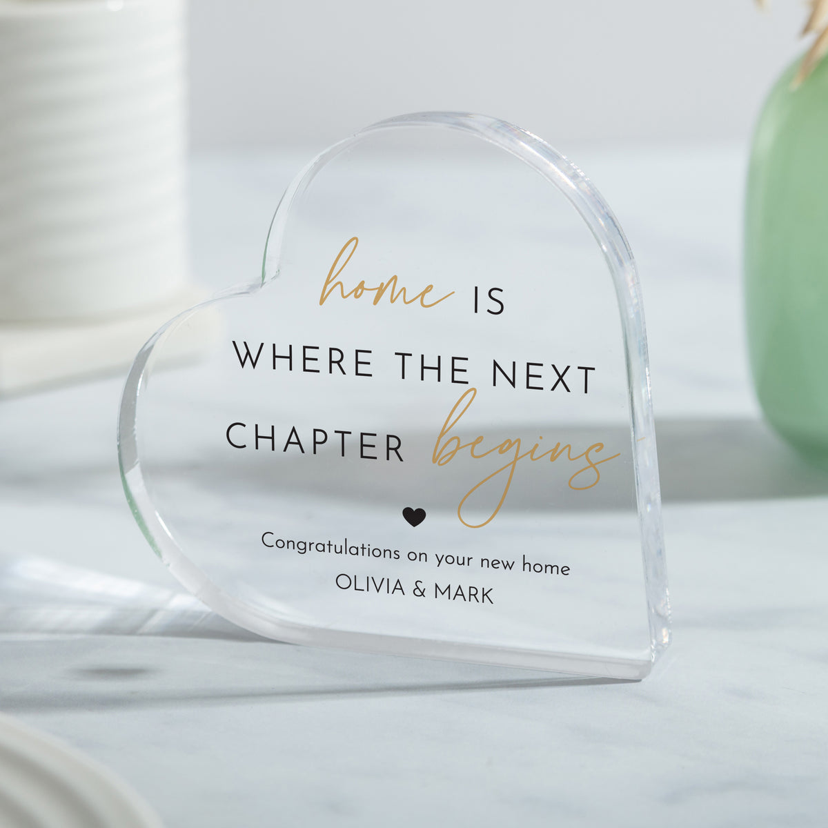 New Home Gift, Personalized Acrylic Heart Plaque, Housewarming Keepsake With Home Is Where the Next Chapter Begins